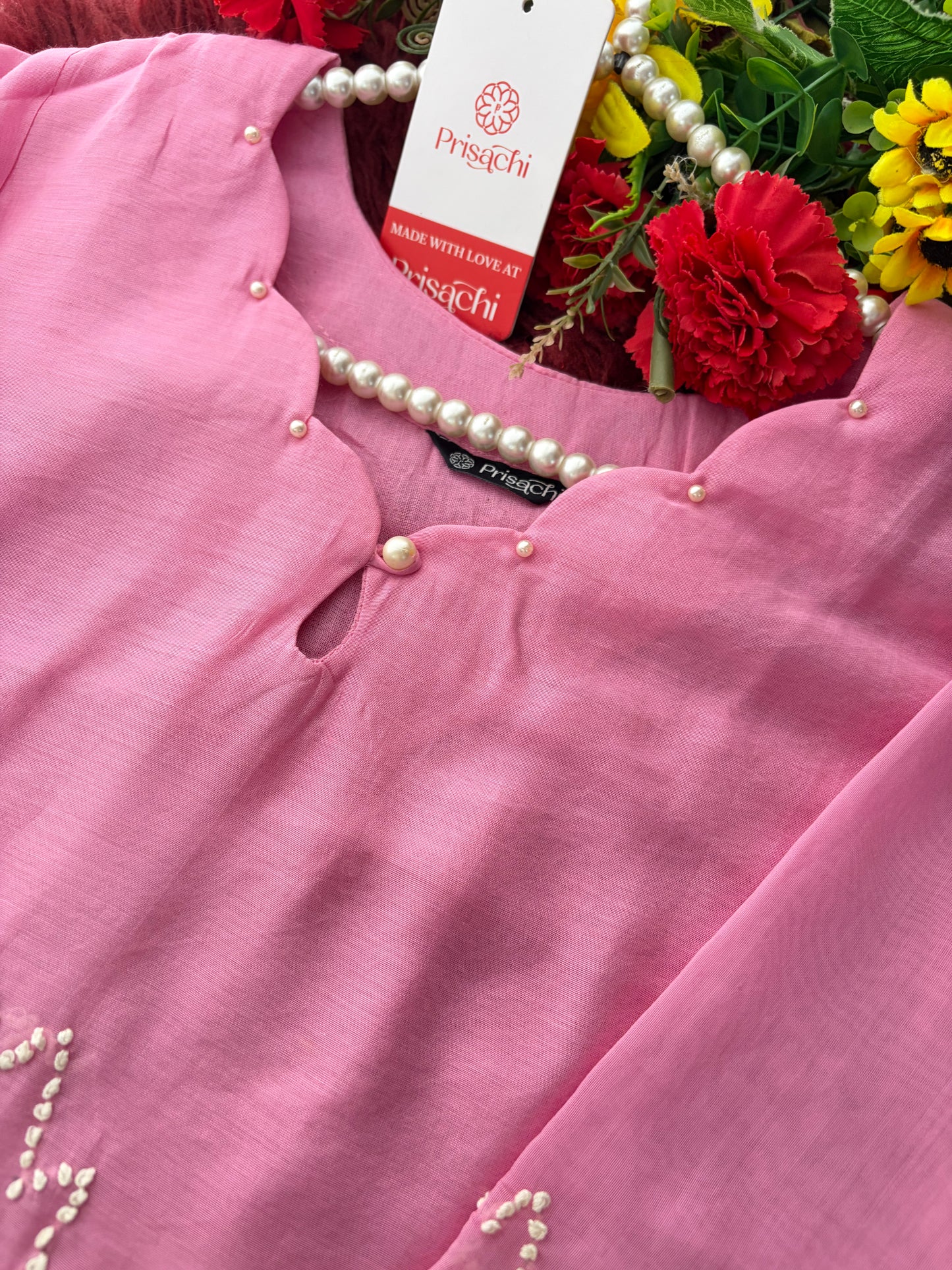 Pink Thread Embroidered A-Line Ethnic Kurta Set with Dupatta & Pants