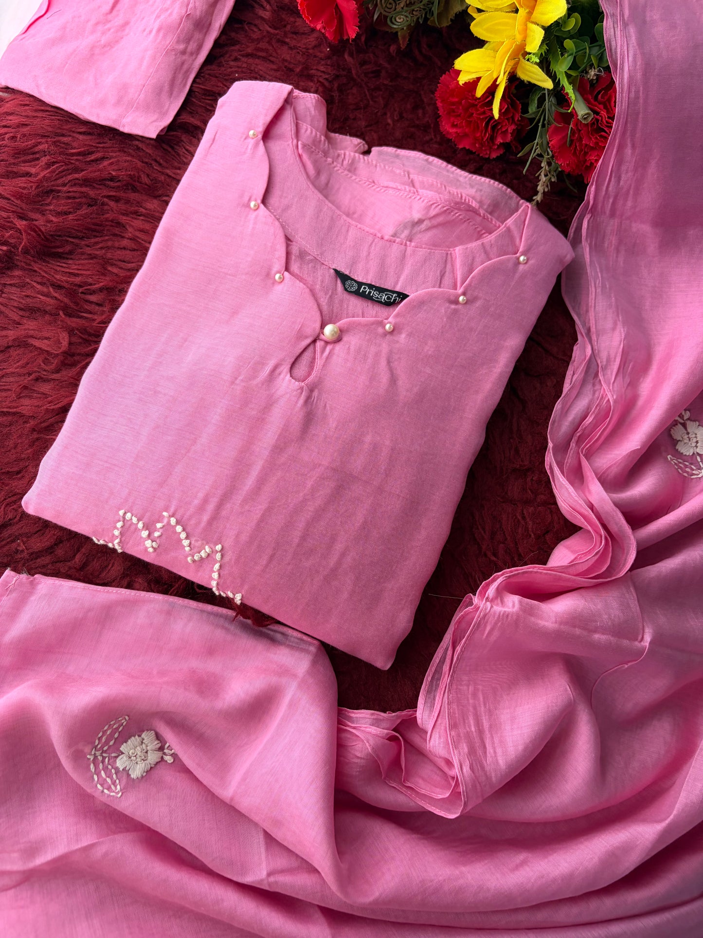 Pink Thread Embroidered A-Line Ethnic Kurta Set with Dupatta & Pants