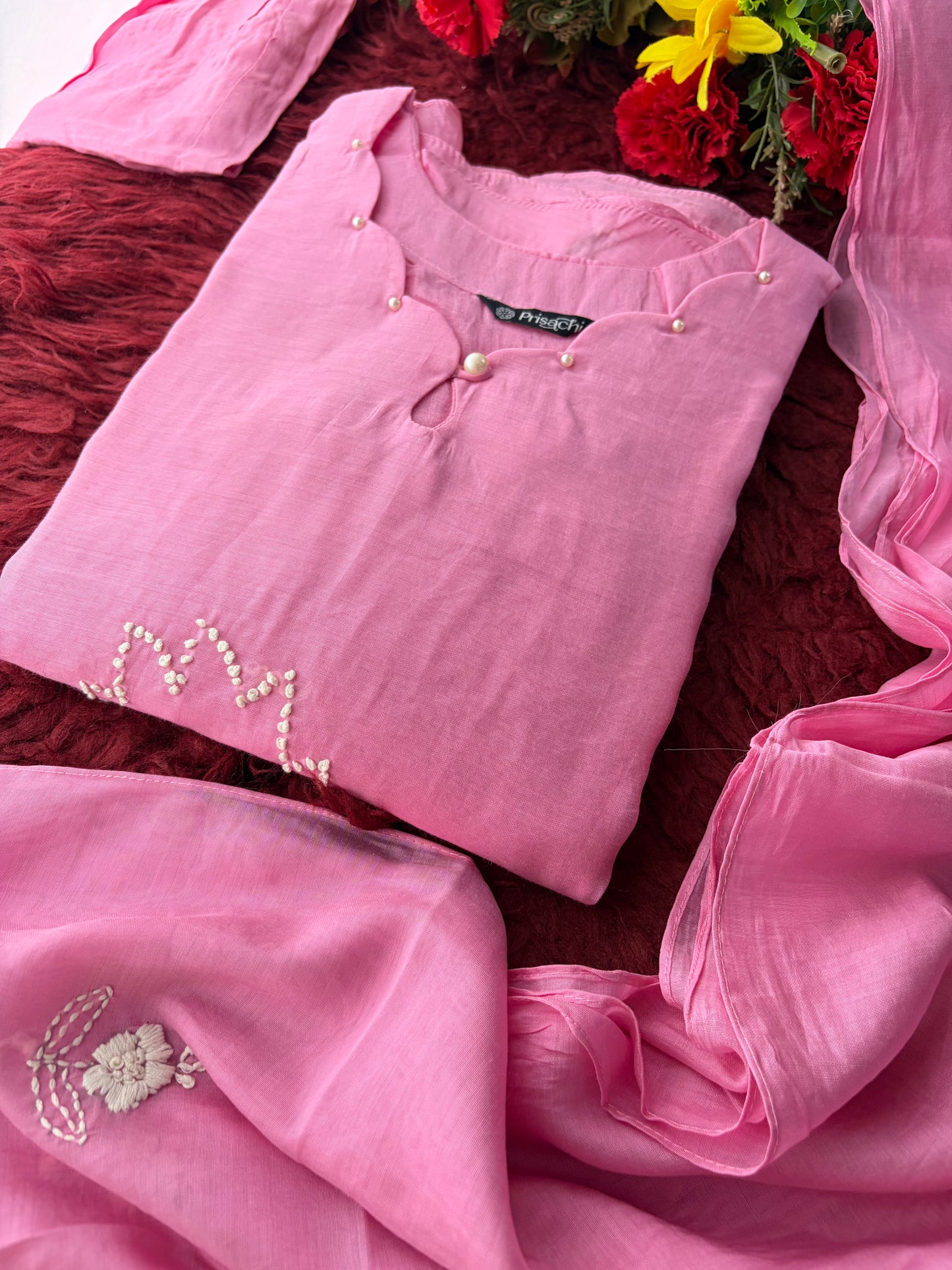 Pink Thread Embroidered A-Line Ethnic Kurta Set with Dupatta & Pants