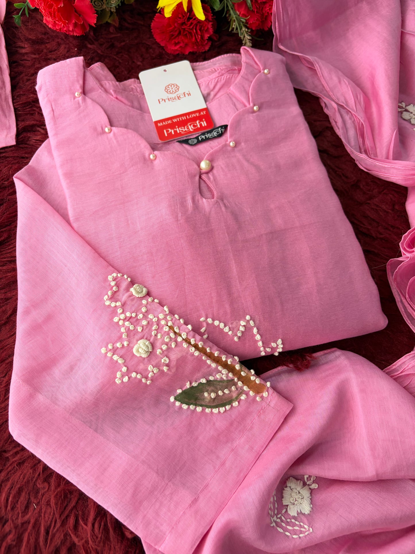 Pink Thread Embroidered A-Line Ethnic Kurta Set with Dupatta & Pants