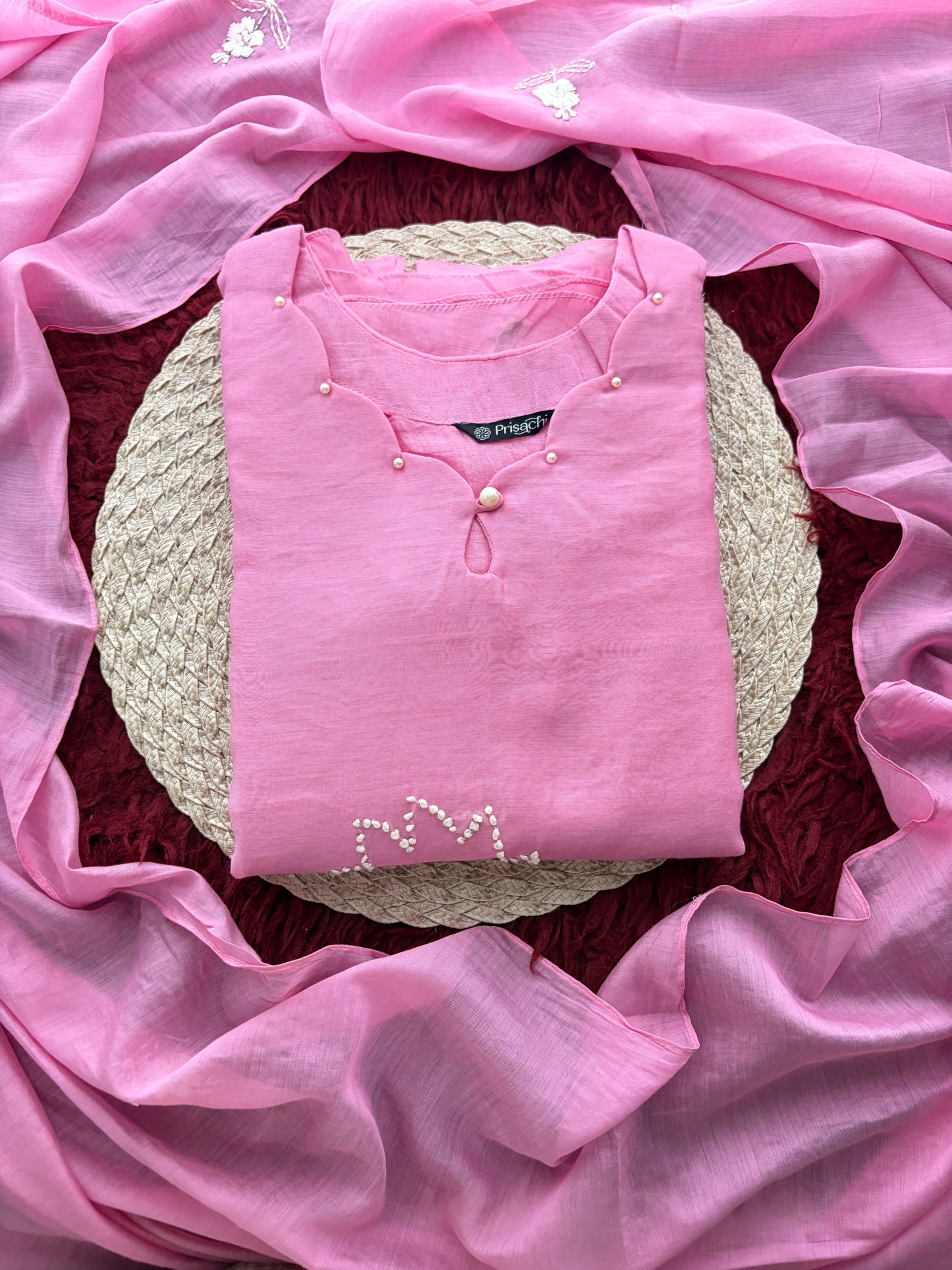 Pink Thread Embroidered A-Line Ethnic Kurta Set with Dupatta & Pants