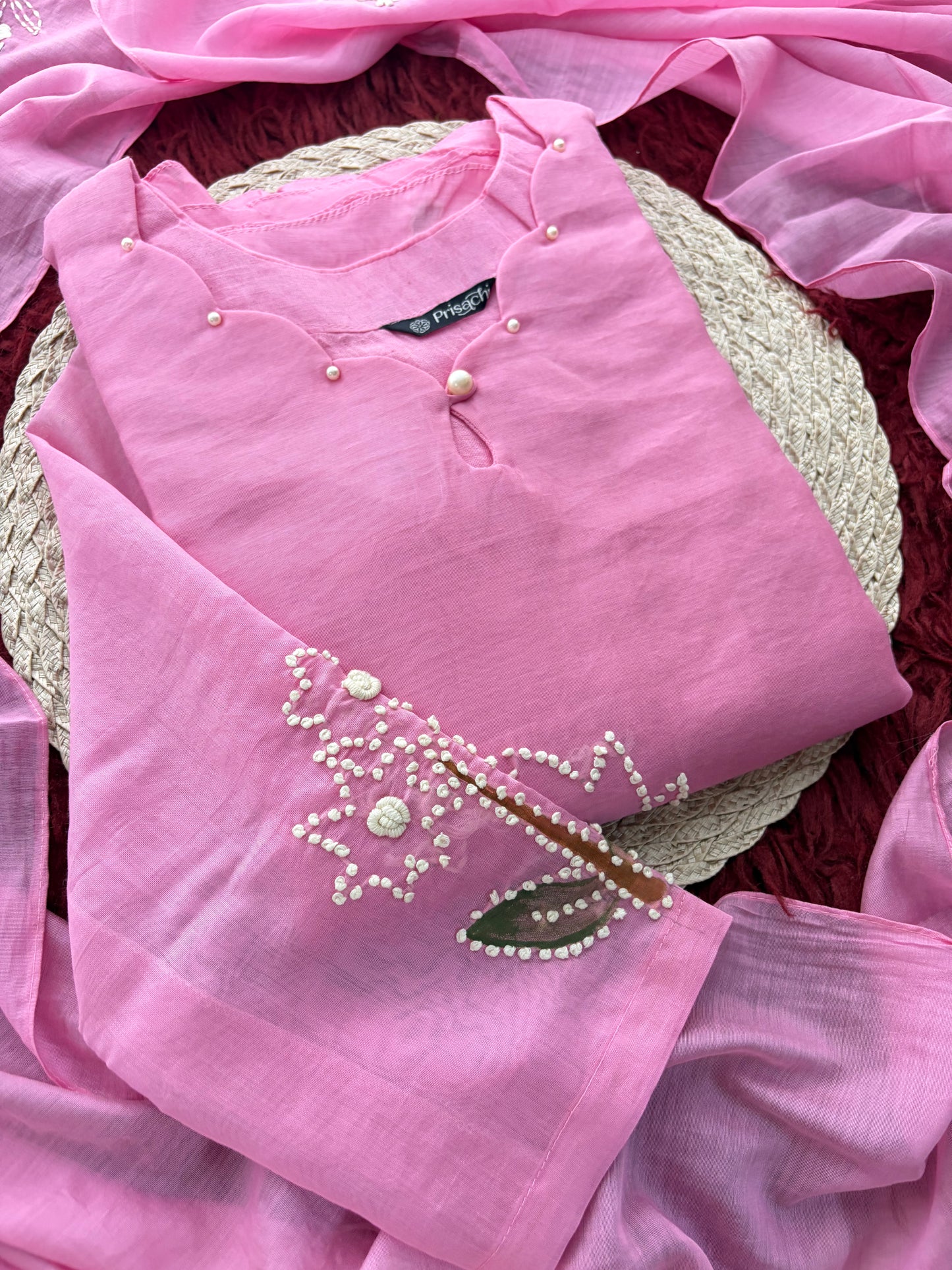 Pink Thread Embroidered A-Line Ethnic Kurta Set with Dupatta & Pants