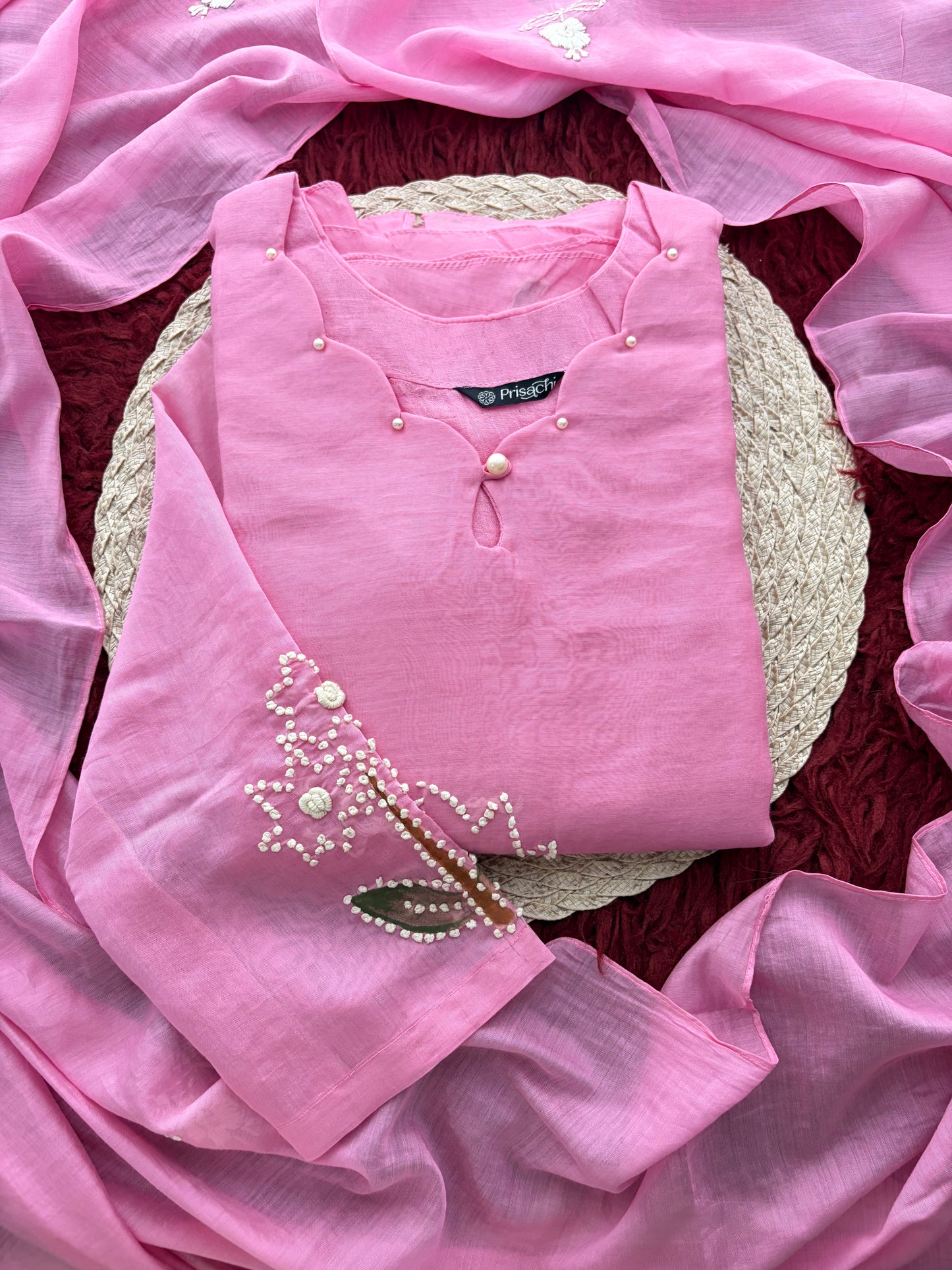 Pink Thread Embroidered A-Line Ethnic Kurta Set with Dupatta & Pants