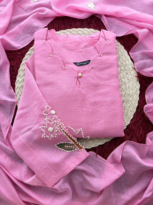 Pink Thread Embroidered A-Line Ethnic Kurta Set with Dupatta & Pants