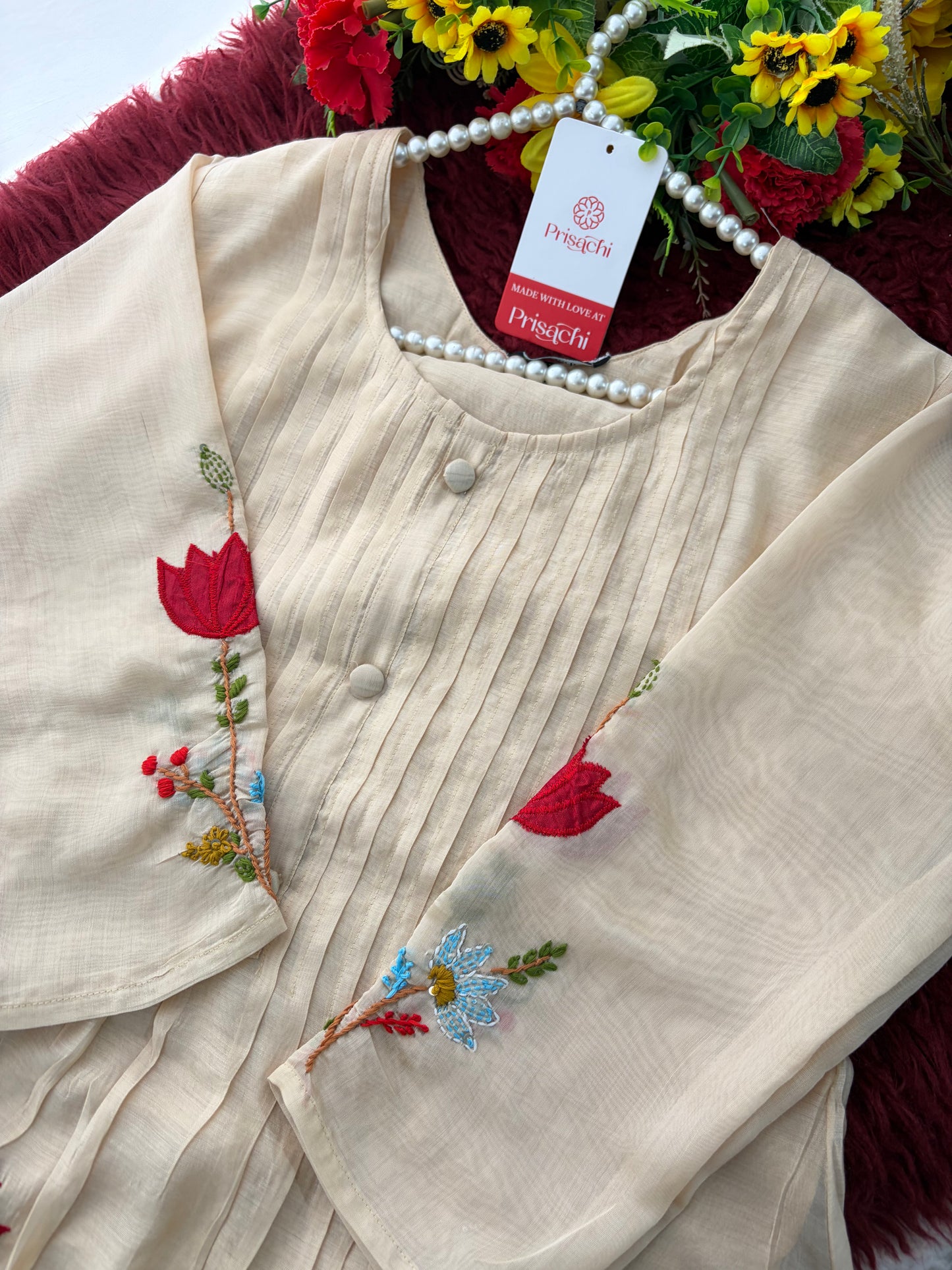 Beige Thread Embroidered A-Line Ethnic Kurta Set with Dupatta & Pants