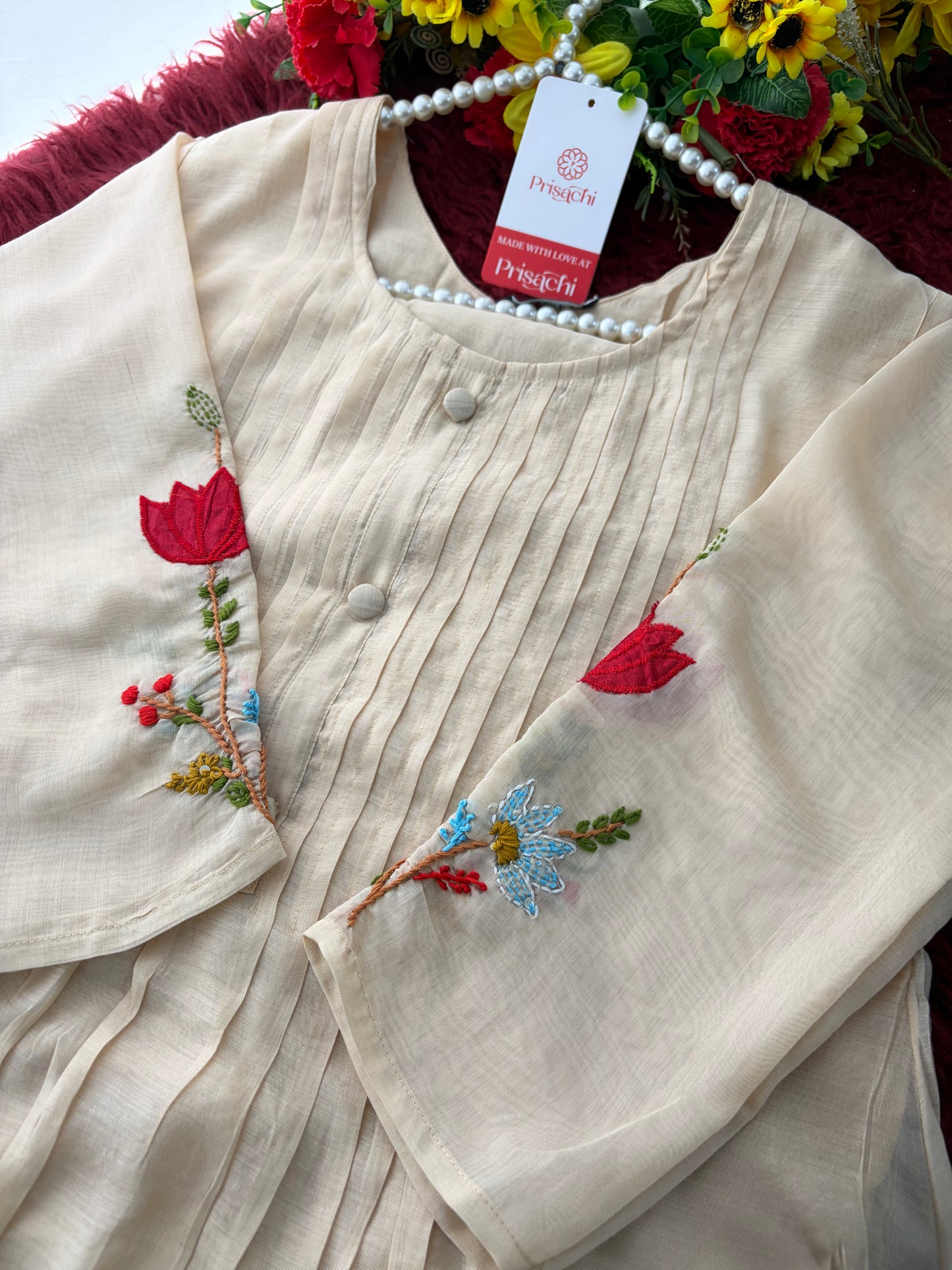 Beige Thread Embroidered A-Line Ethnic Kurta Set with Dupatta & Pants
