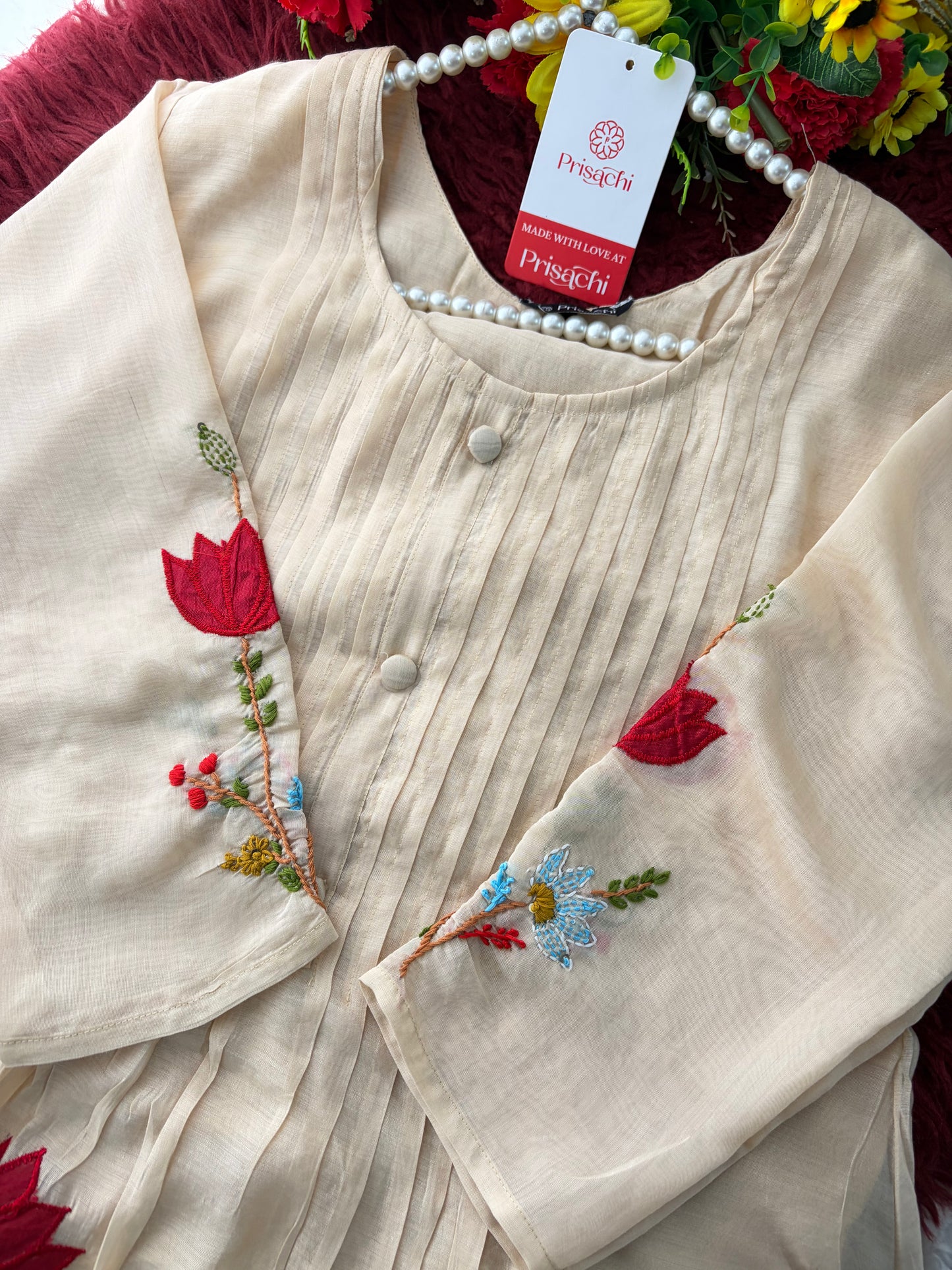 Beige Thread Embroidered A-Line Ethnic Kurta Set with Dupatta & Pants