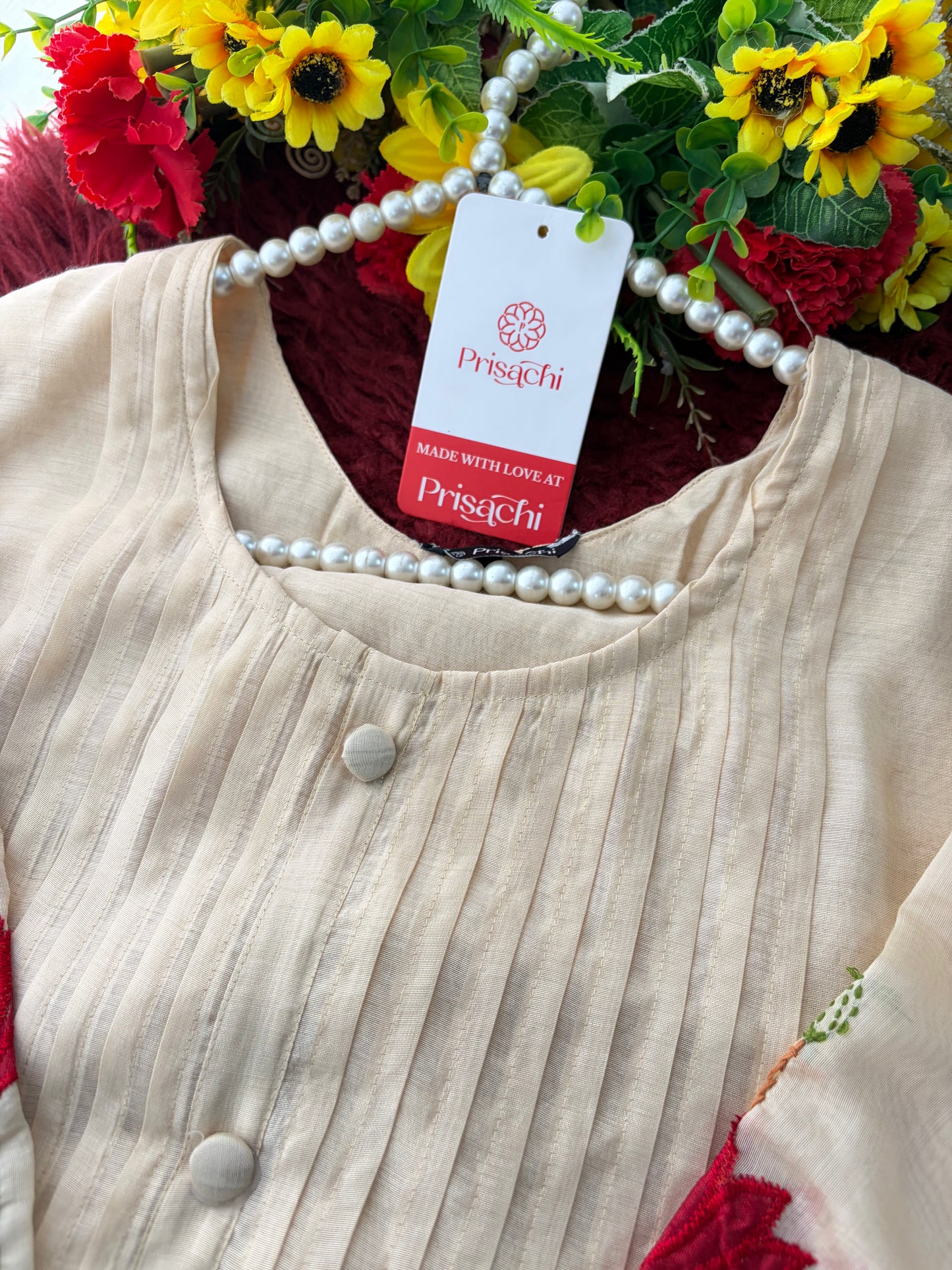 Beige Thread Embroidered A-Line Ethnic Kurta Set with Dupatta & Pants