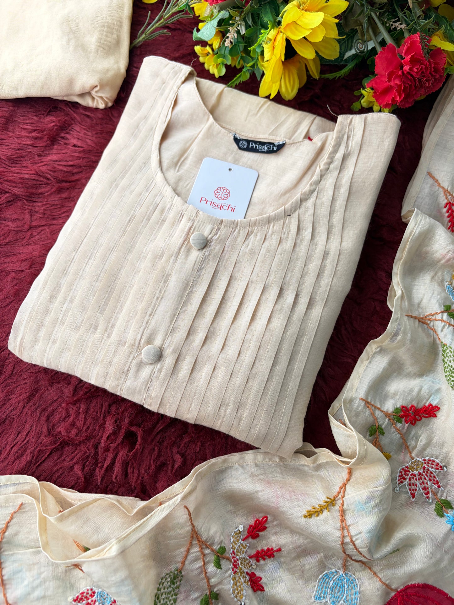 Beige Thread Embroidered A-Line Ethnic Kurta Set with Dupatta & Pants