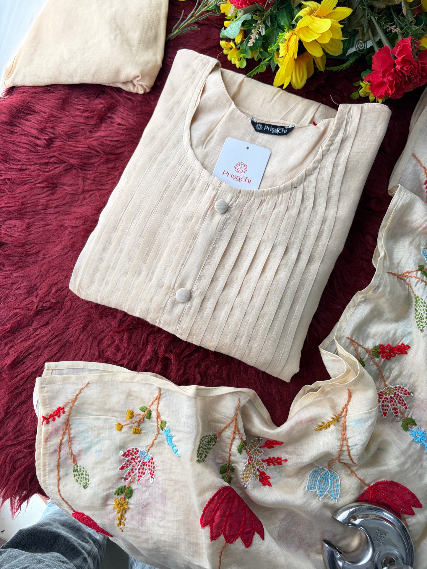 Beige Thread Embroidered A-Line Ethnic Kurta Set with Dupatta & Pants