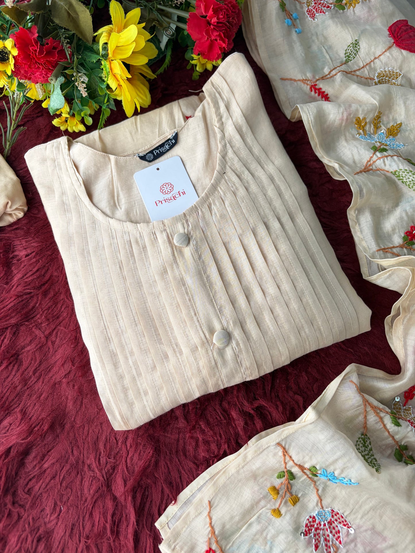 Beige Thread Embroidered A-Line Ethnic Kurta Set with Dupatta & Pants
