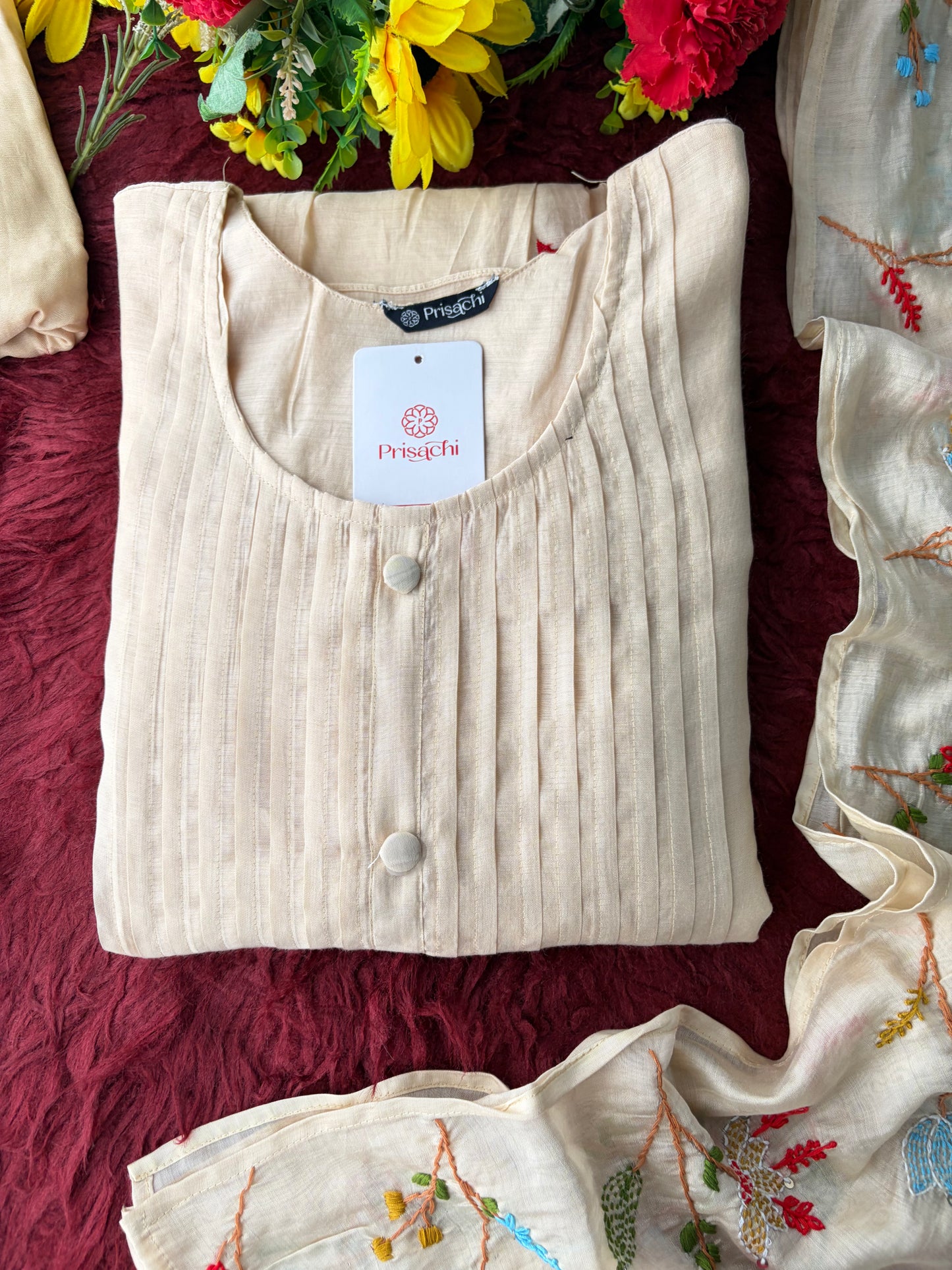 Beige Thread Embroidered A-Line Ethnic Kurta Set with Dupatta & Pants
