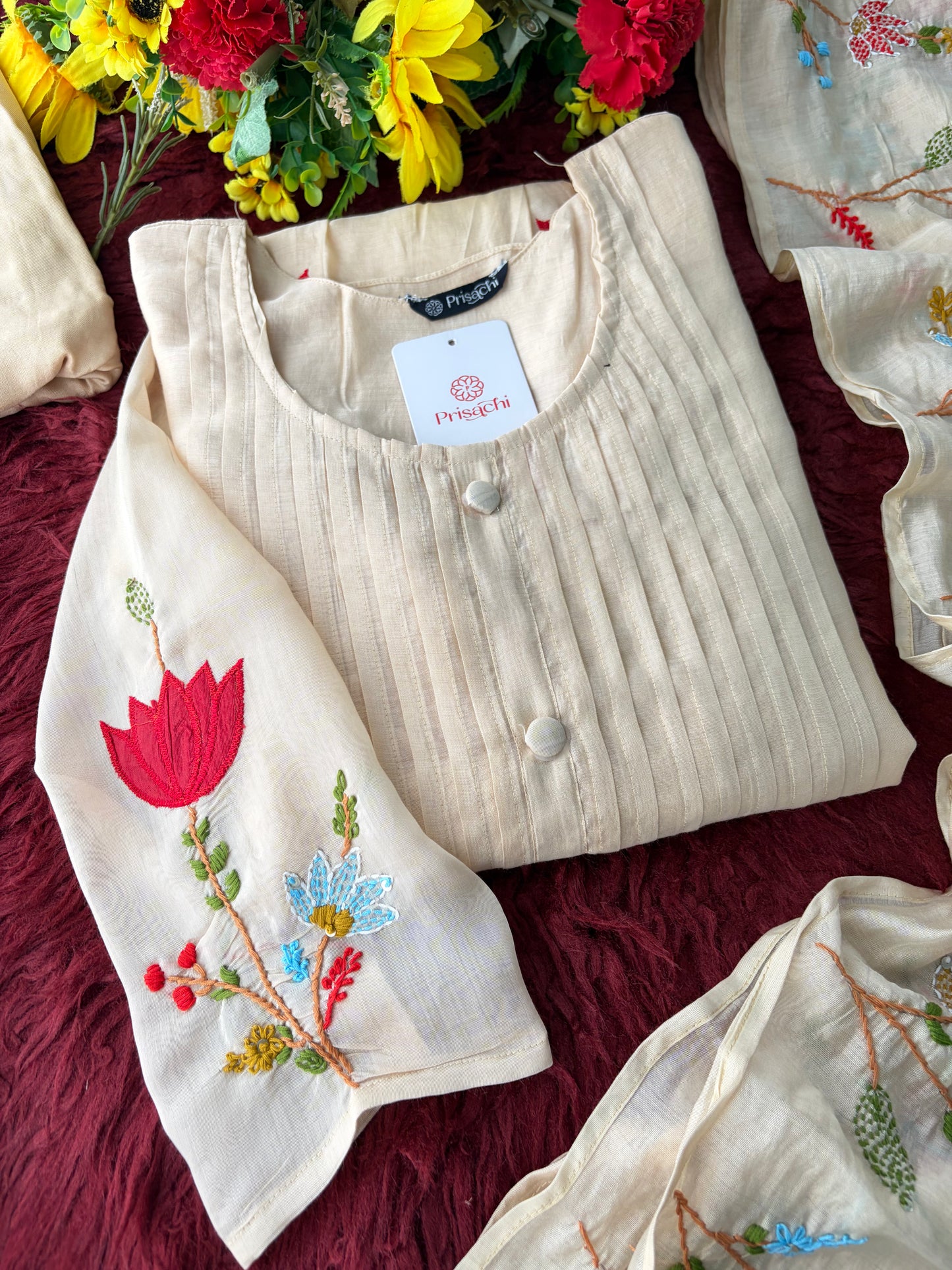 Beige Thread Embroidered A-Line Ethnic Kurta Set with Dupatta & Pants
