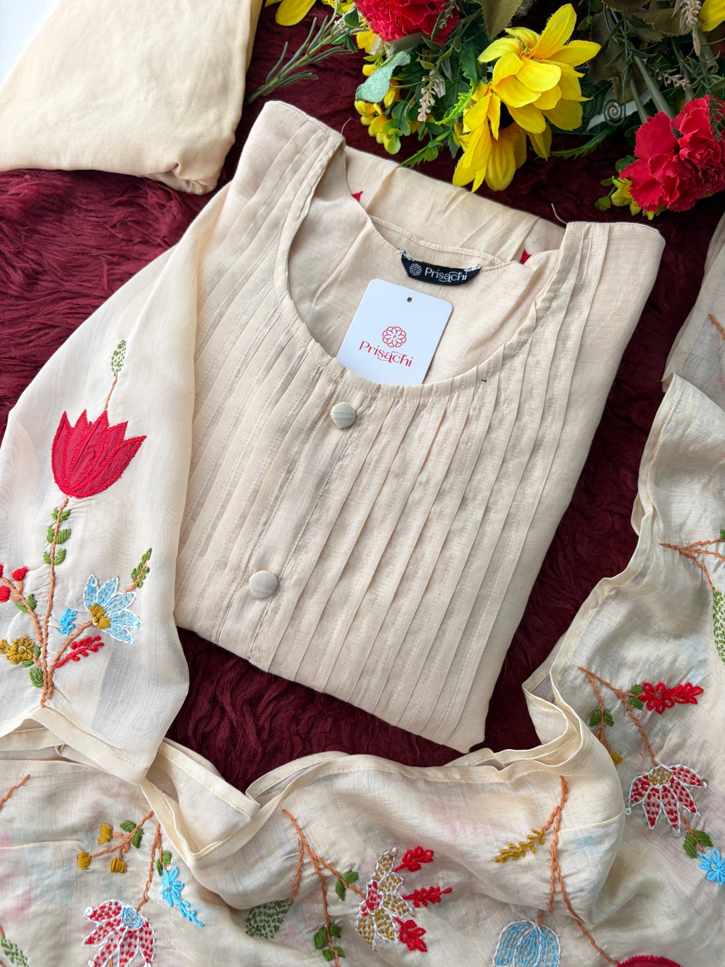 Beige Thread Embroidered A-Line Ethnic Kurta Set with Dupatta & Pants
