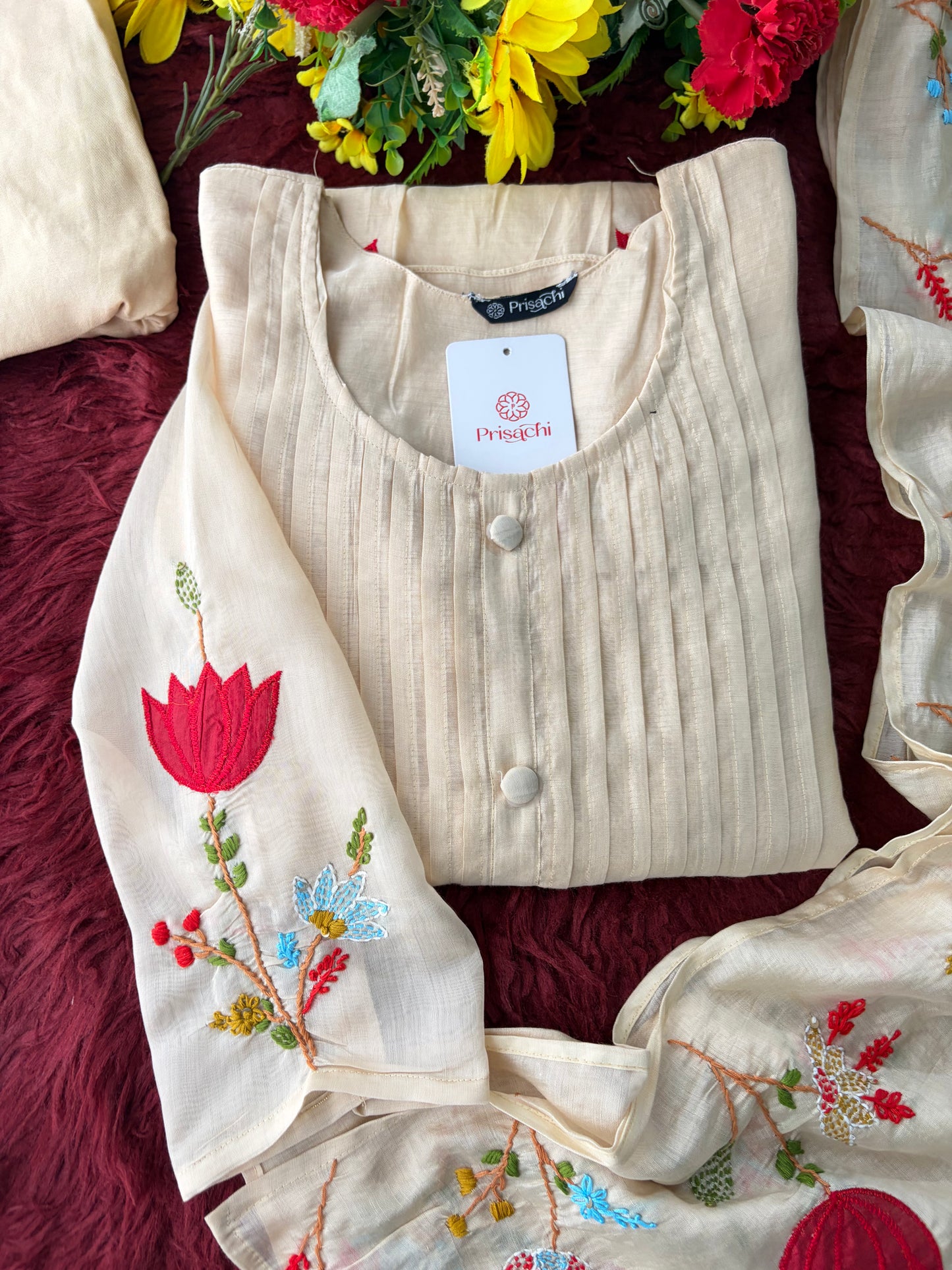 Beige Thread Embroidered A-Line Ethnic Kurta Set with Dupatta & Pants