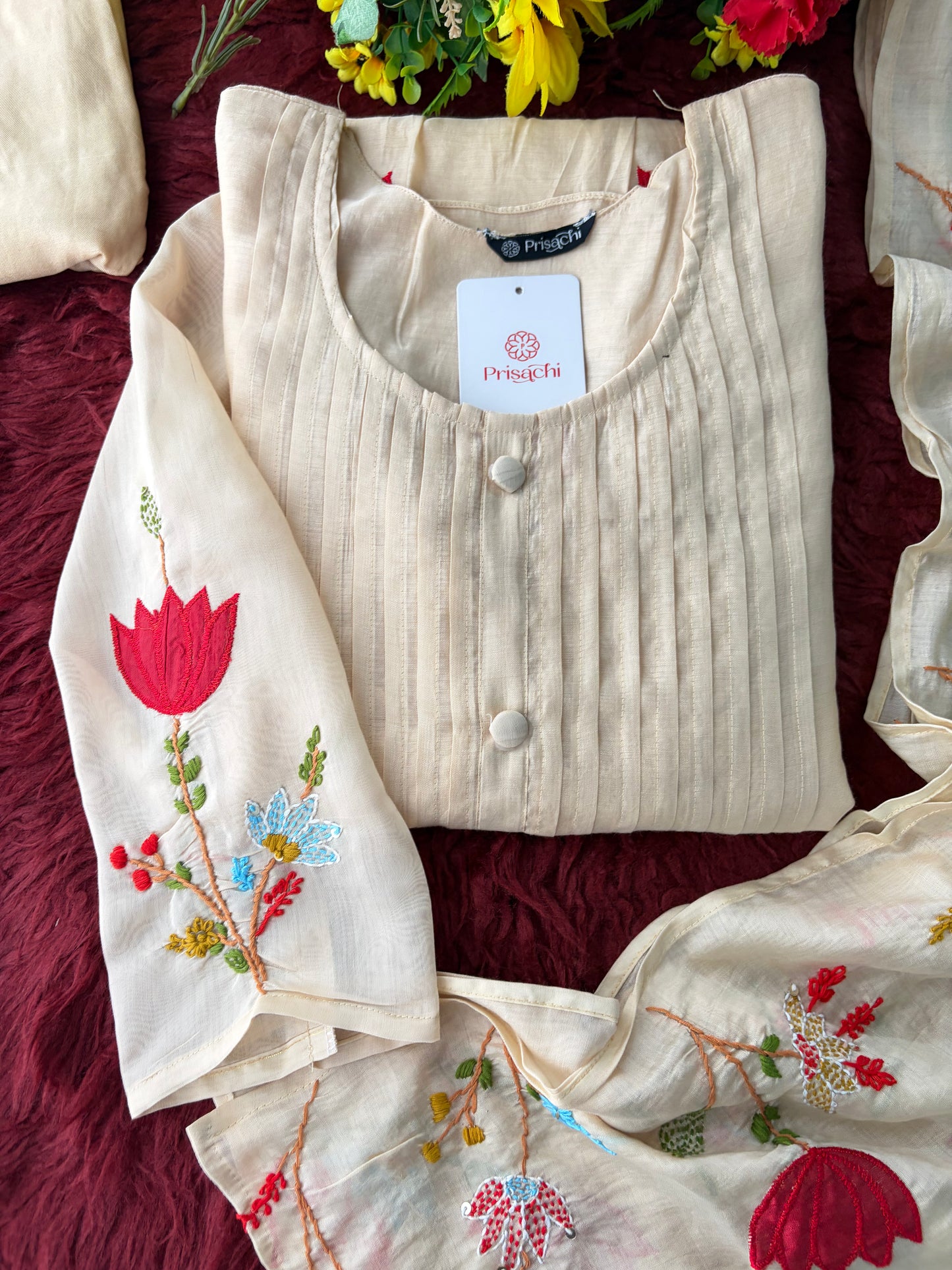 Beige Thread Embroidered A-Line Ethnic Kurta Set with Dupatta & Pants