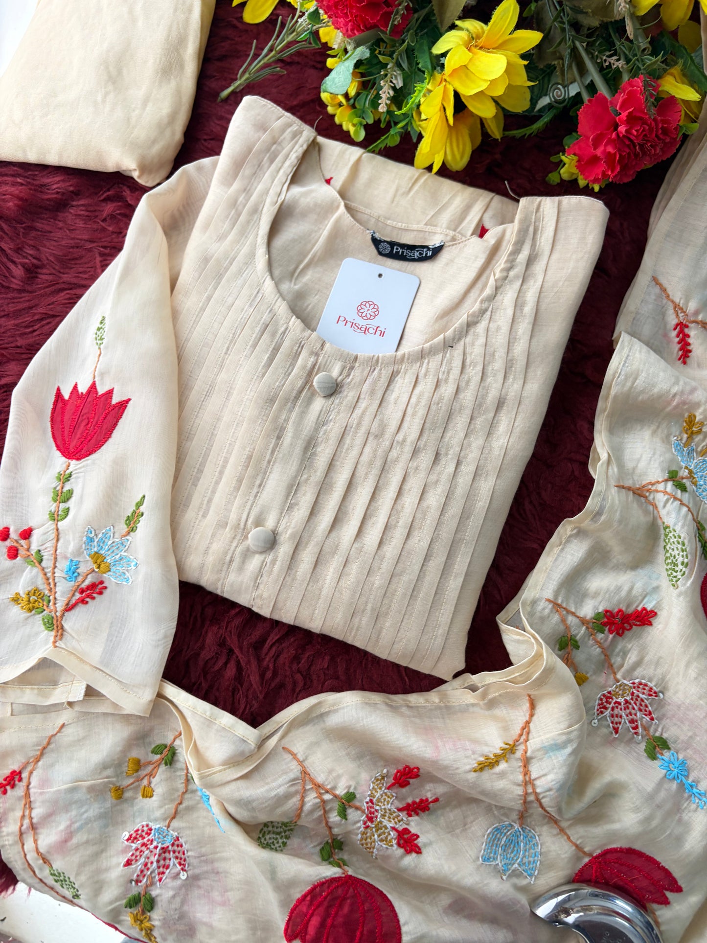 Beige Thread Embroidered A-Line Ethnic Kurta Set with Dupatta & Pants