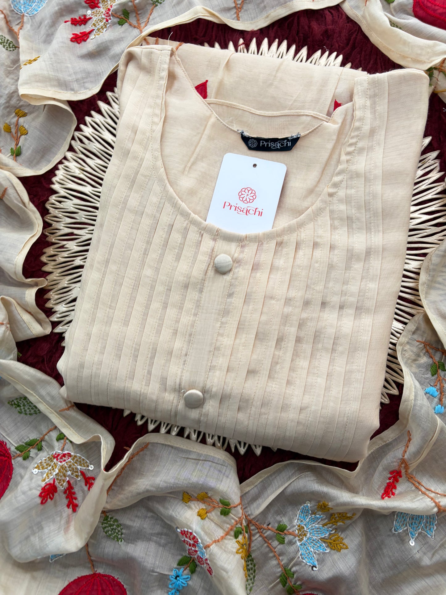 Beige Thread Embroidered A-Line Ethnic Kurta Set with Dupatta & Pants
