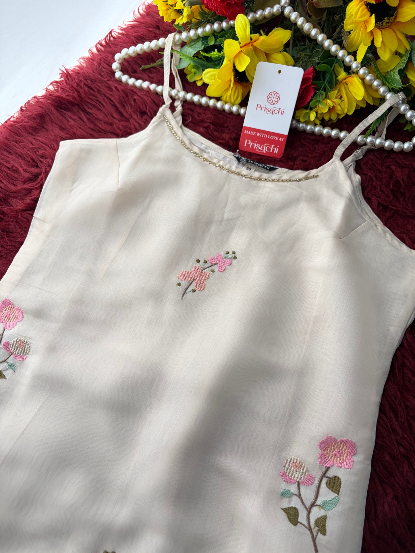 White Floral Thread Embroidered Sleeveless Strappy Kurta Set with Dupatta & Pants | Festive & Ethnic Wear