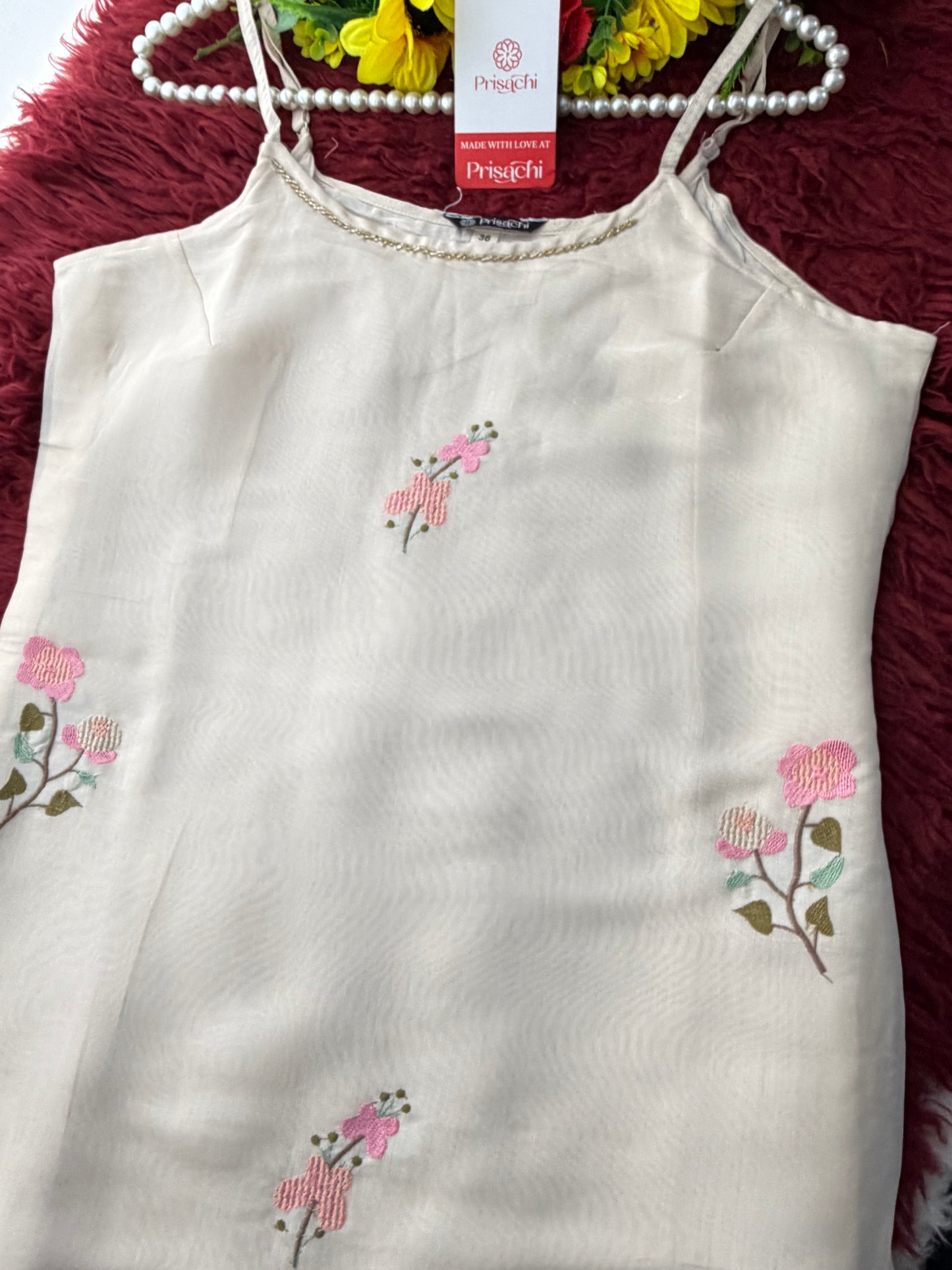 White Floral Thread Embroidered Sleeveless Strappy Kurta Set with Dupatta & Pants | Festive & Ethnic Wear