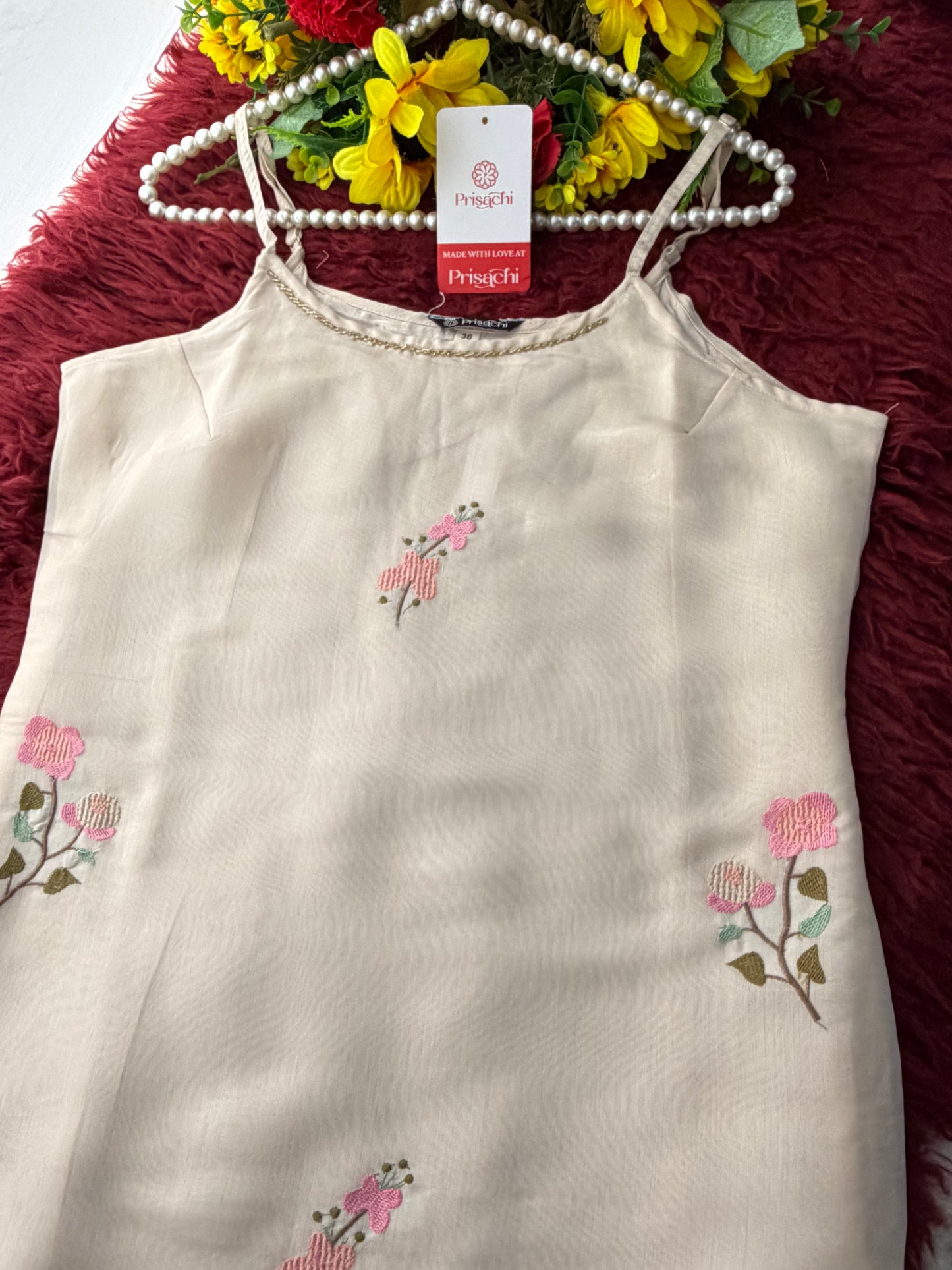 White Floral Thread Embroidered Sleeveless Strappy Kurta Set with Dupatta & Pants | Festive & Ethnic Wear