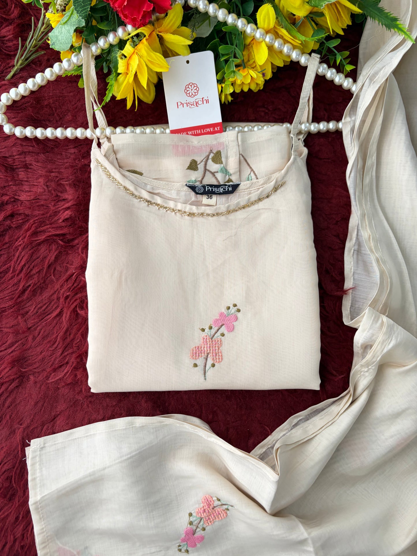 White Floral Thread Embroidered Sleeveless Strappy Kurta Set with Dupatta & Pants | Festive & Ethnic Wear
