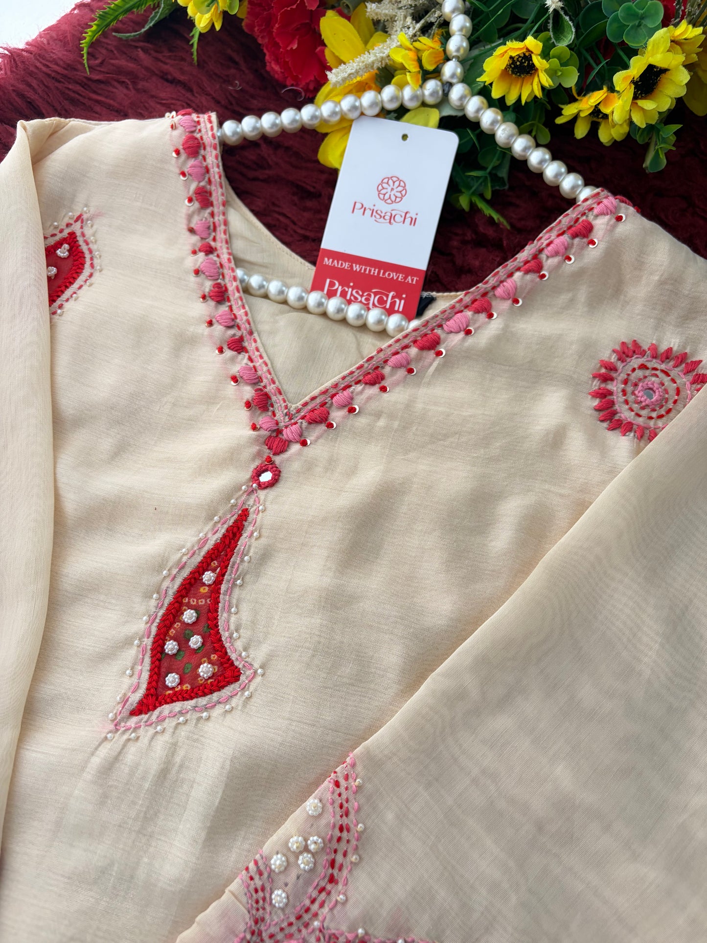 Cream Thread Embroidered A-Line Ethnic Kurta Set with Dupatta & Pants
