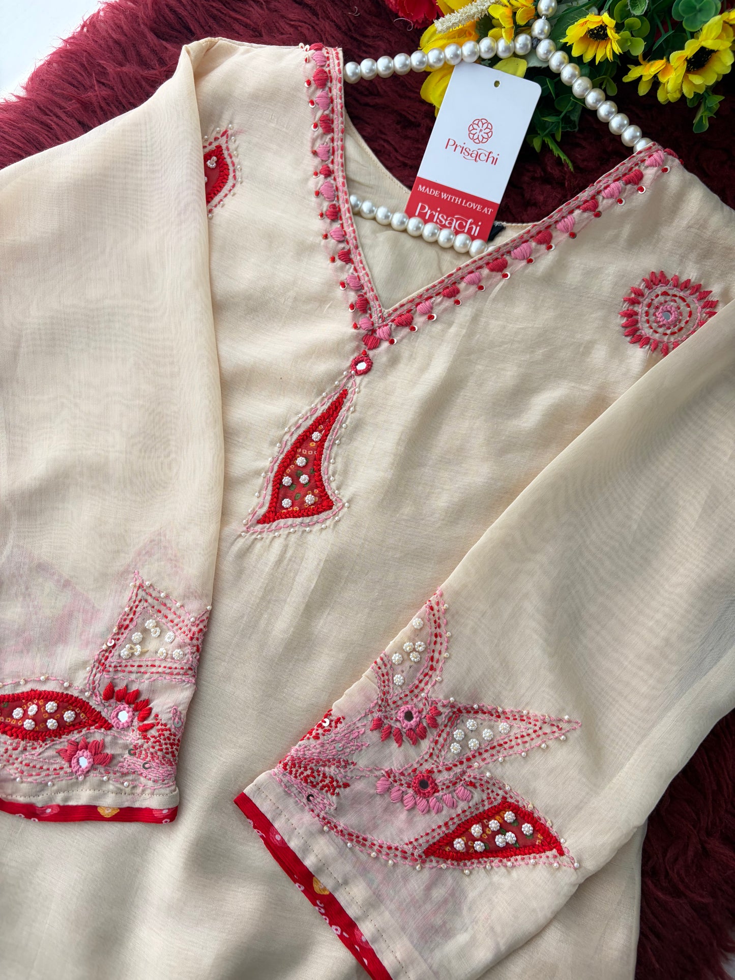 Cream Thread Embroidered A-Line Ethnic Kurta Set with Dupatta & Pants