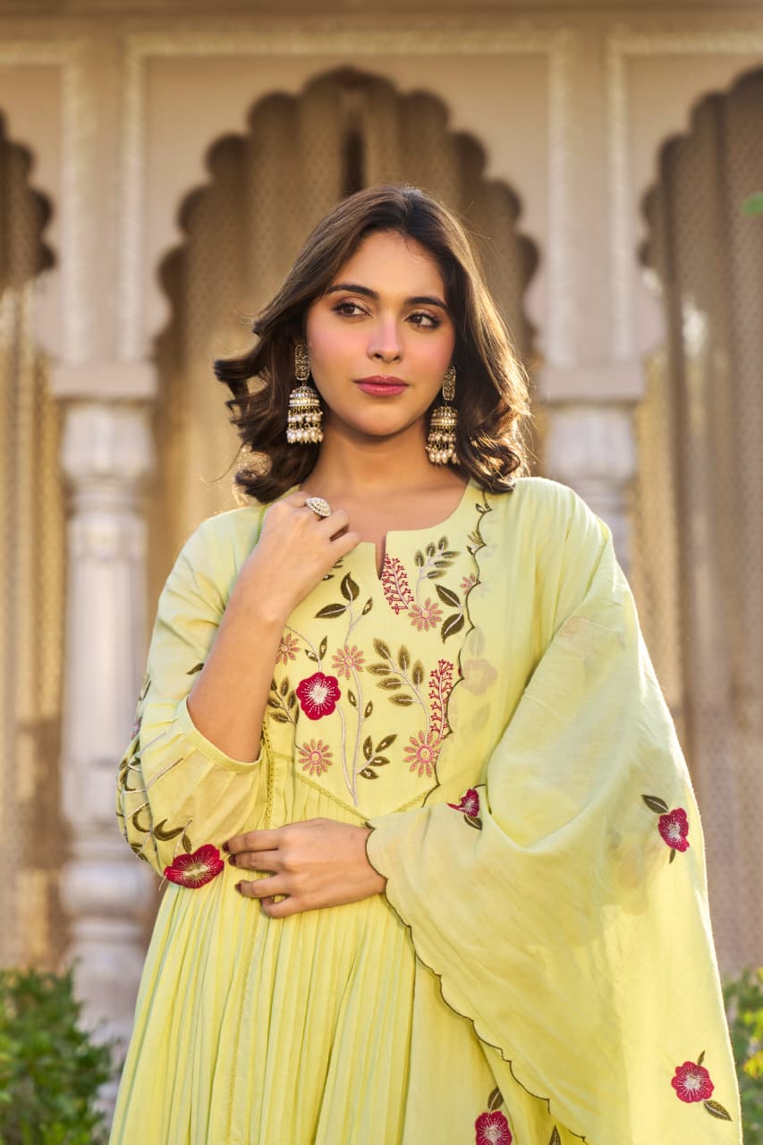 Lemon Green Embroidered Ethnic Kurta Set with Pants and Dupatta for Women - Prisachi Official