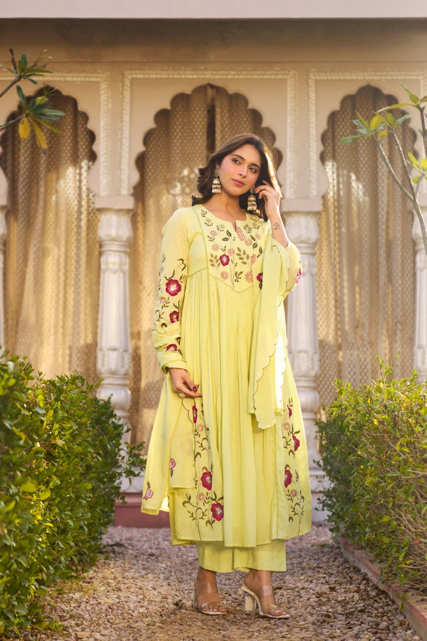 Lemon Green Embroidered Ethnic Kurta Set with Pants and Dupatta for Women - Prisachi Official