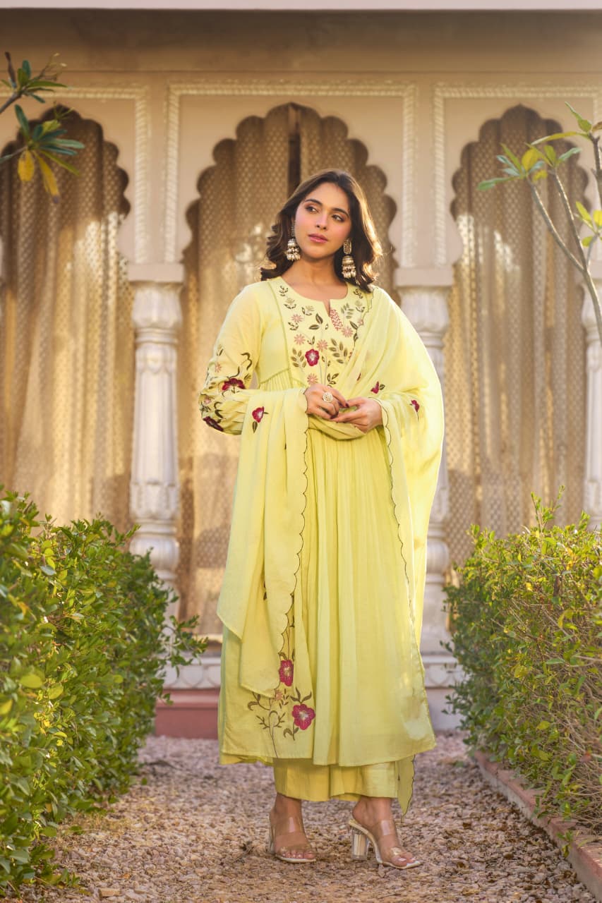 Lemon Green Embroidered Ethnic Kurta Set with Pants and Dupatta for Women - Prisachi Official