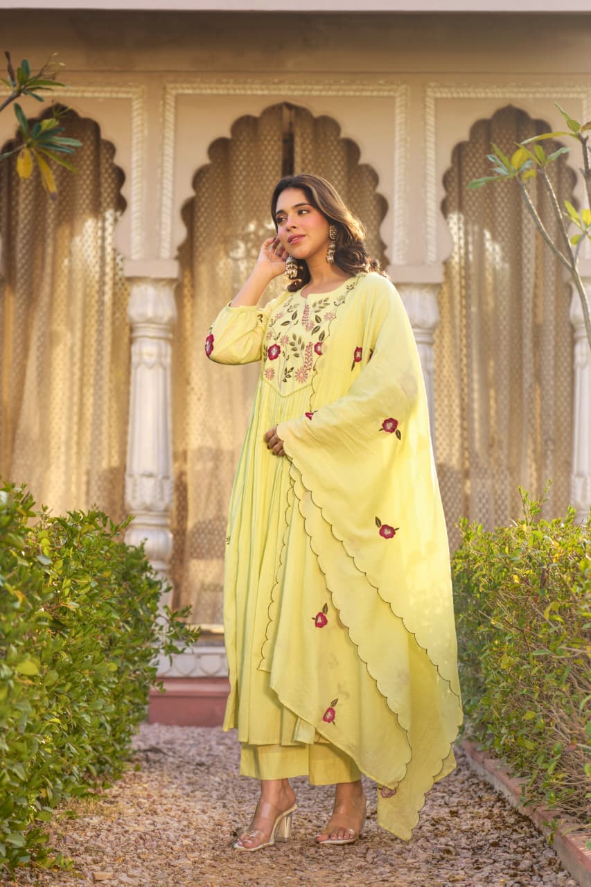 Lemon Green Embroidered Ethnic Kurta Set with Pants and Dupatta for Women - Prisachi Official