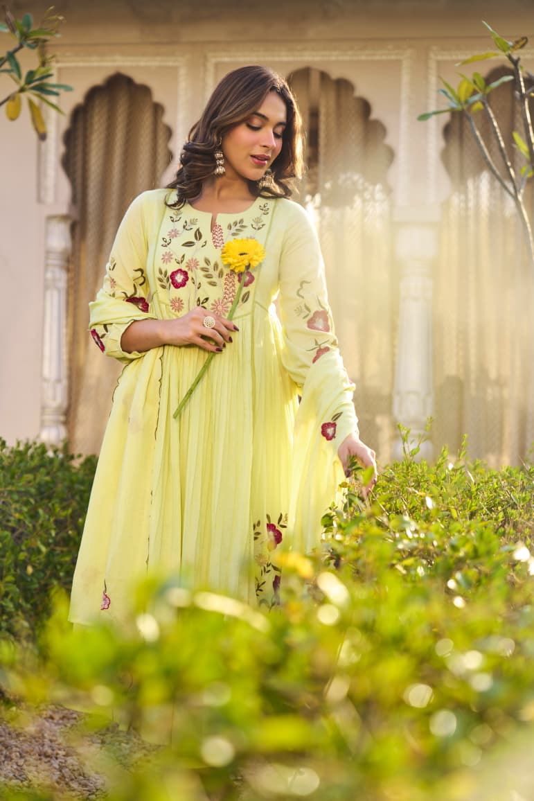 Lemon Green Embroidered Ethnic Kurta Set with Pants and Dupatta for Women - Prisachi Official
