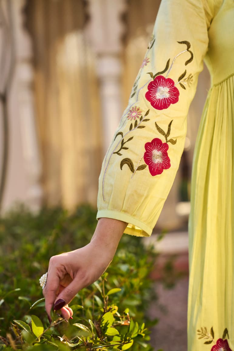 Lemon Green Embroidered Ethnic Kurta Set with Pants and Dupatta for Women - Prisachi Official