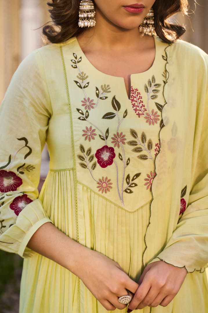 Lemon Green Embroidered Ethnic Kurta Set with Pants and Dupatta for Women - Prisachi Official