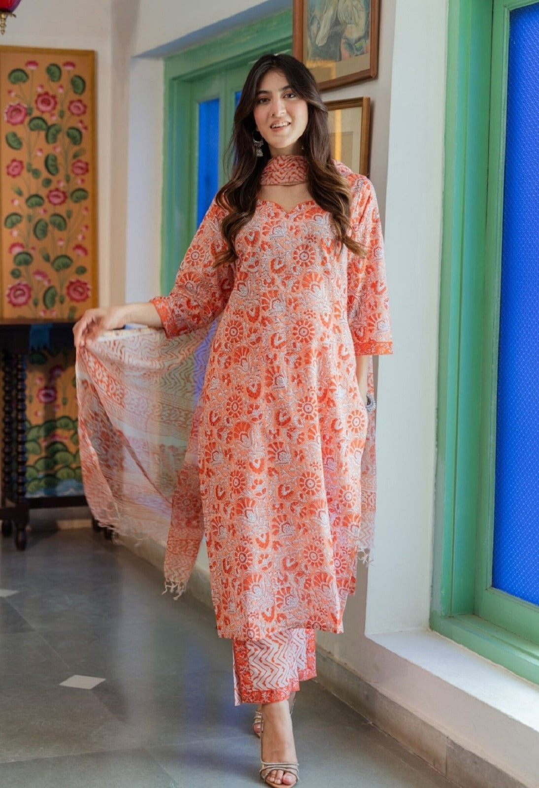Peach Printed Straight Kurta Set with Pants & Dupatta | Casual Ethnic Wear - Prisachi Official