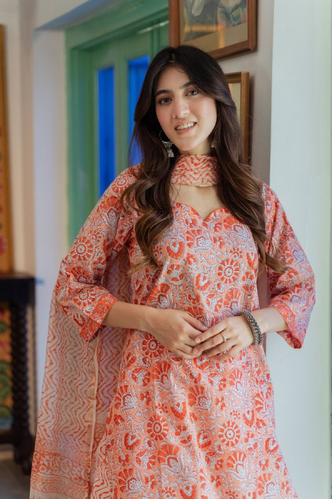 Peach Printed Straight Kurta Set with Pants & Dupatta | Casual Ethnic Wear - Prisachi Official