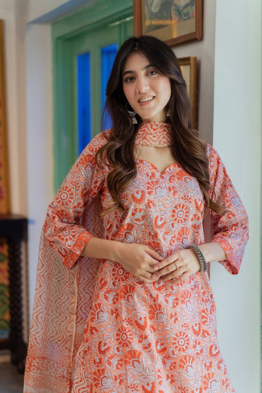 Peach Printed Straight Kurta Set with Pants & Dupatta | Casual Ethnic Wear - Prisachi Official