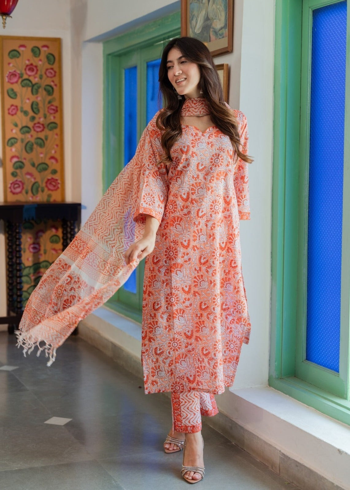 Peach Printed Straight Kurta Set with Pants & Dupatta | Casual Ethnic Wear - Prisachi Official