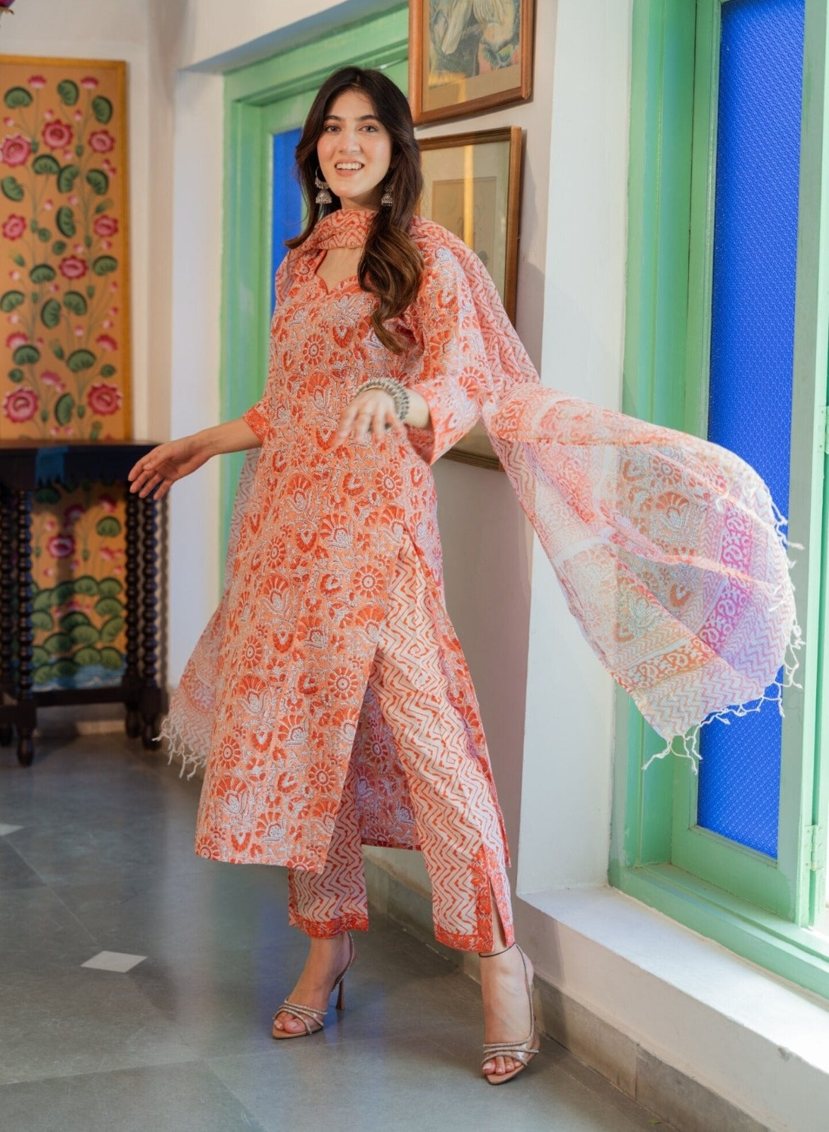 Peach Printed Straight Kurta Set with Pants & Dupatta | Casual Ethnic Wear - Prisachi Official