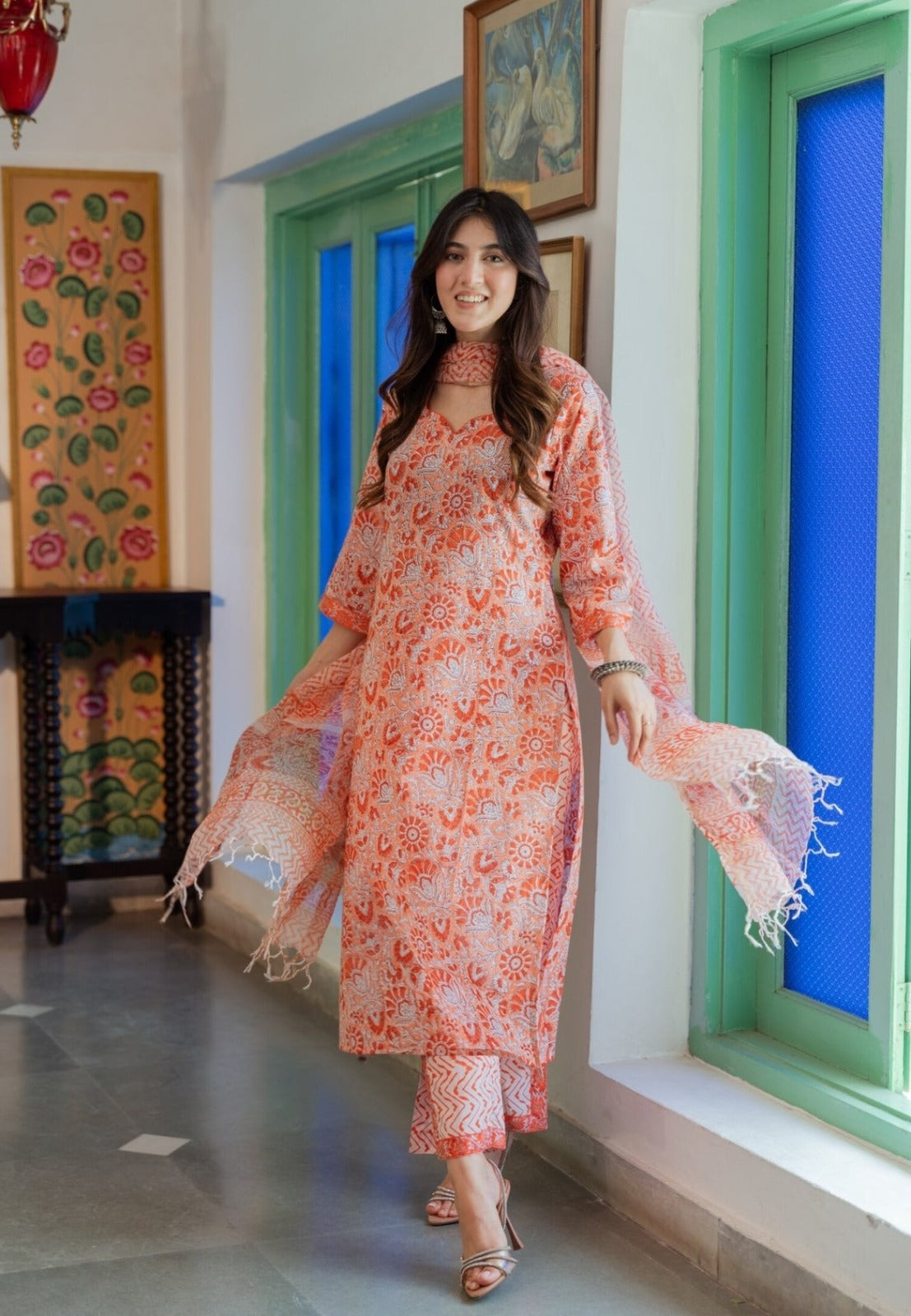 Peach Printed Straight Kurta Set with Pants & Dupatta | Casual Ethnic Wear - Prisachi Official