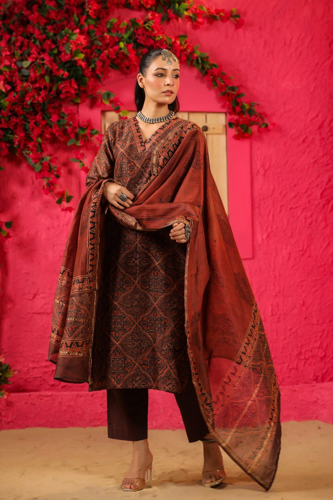 Women’s Brown Printed Ethnic Kurta Set with Dupatta and Pants - Prisachi Official