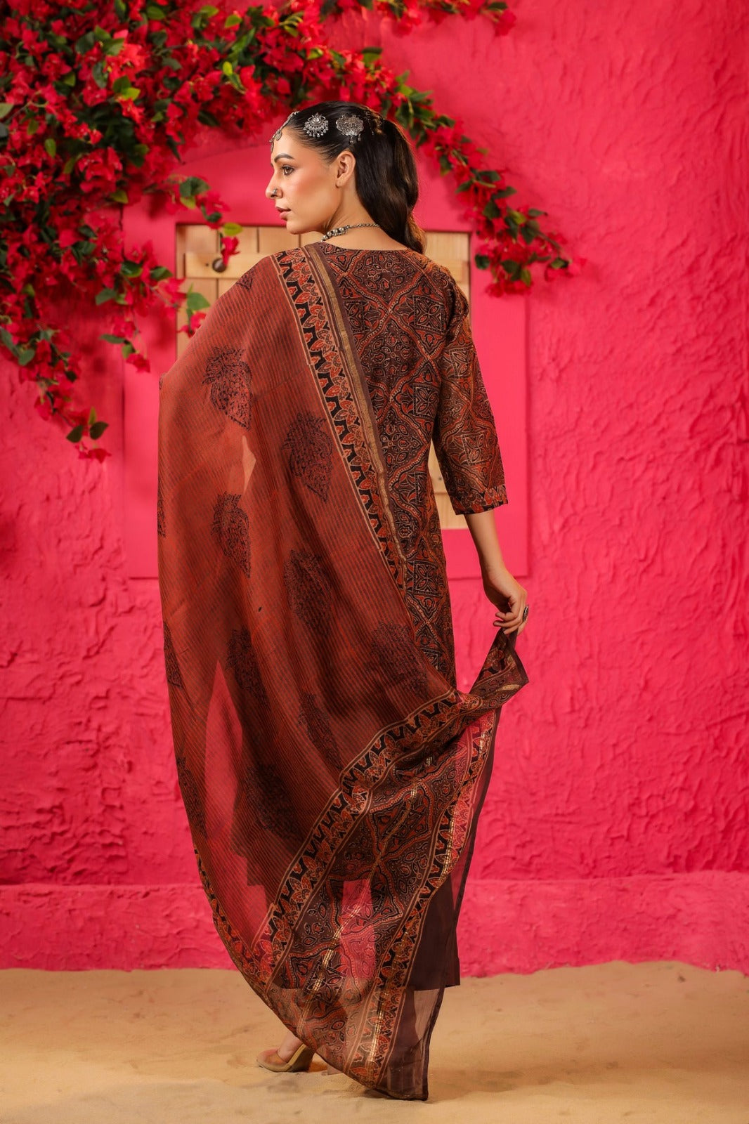 Women’s Brown Printed Ethnic Kurta Set with Dupatta and Pants - Prisachi Official