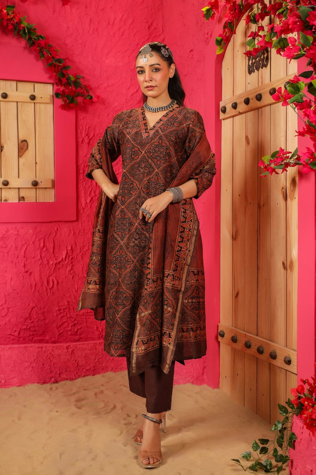 Women’s Brown Printed Ethnic Kurta Set with Dupatta and Pants - Prisachi Official