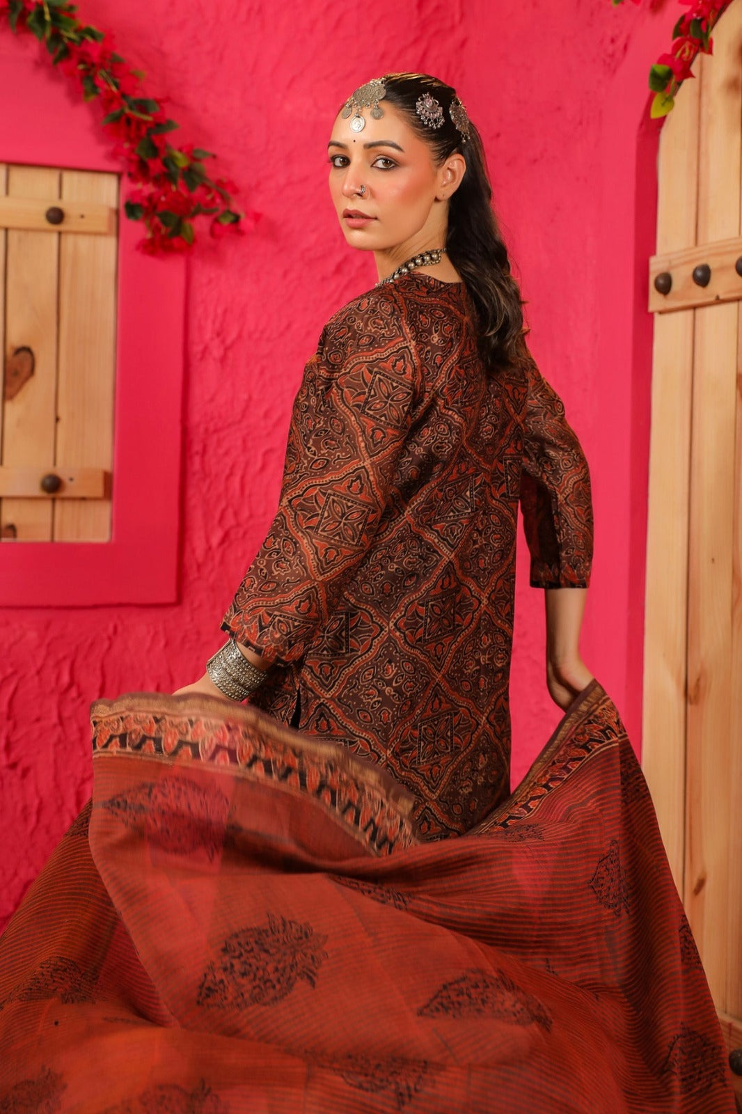 Women’s Brown Printed Ethnic Kurta Set with Dupatta and Pants - Prisachi Official