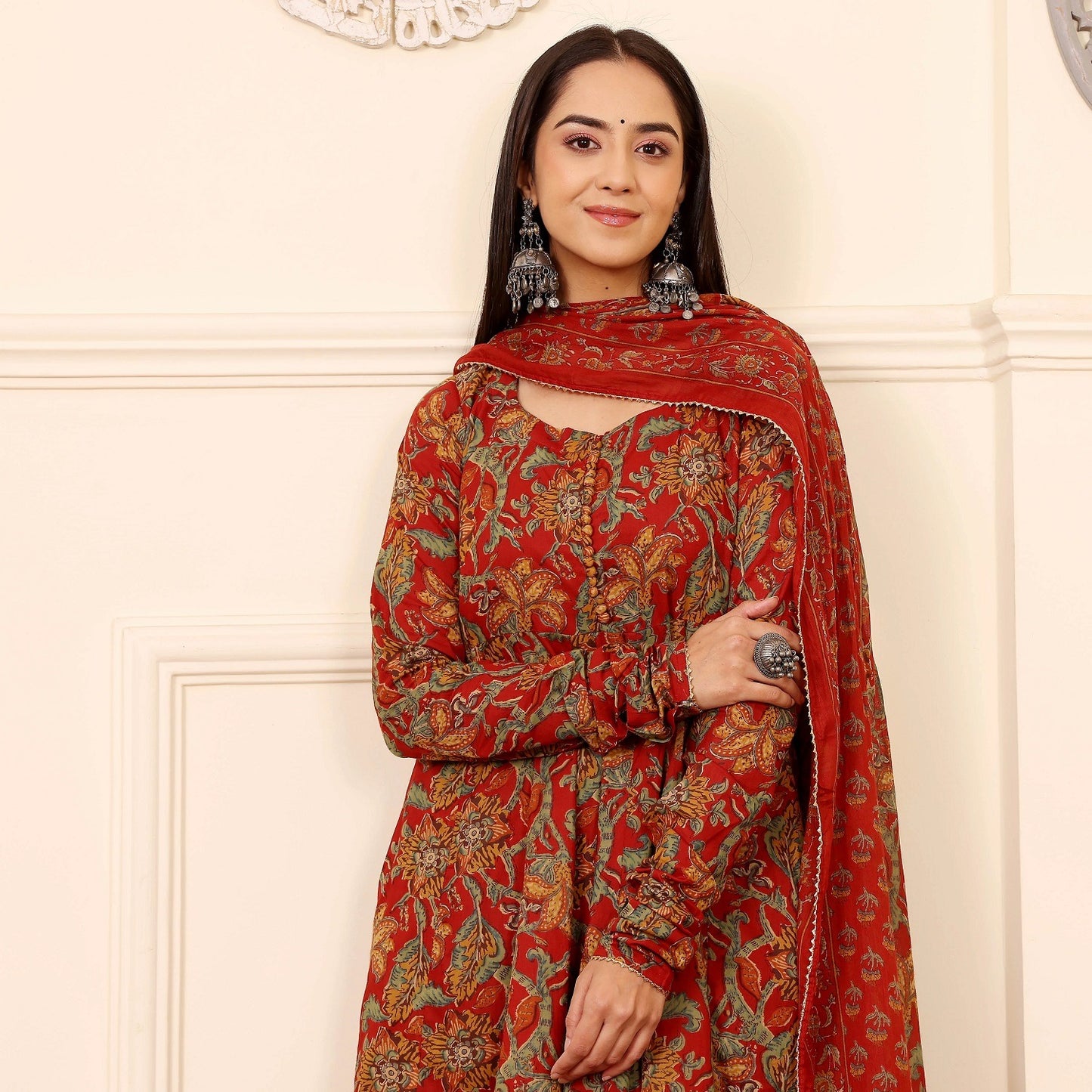 Red Floral Anarkali Kurta Set with Dupatta and Pants | Ethnic Festive Wear for Women - Prisachi Official