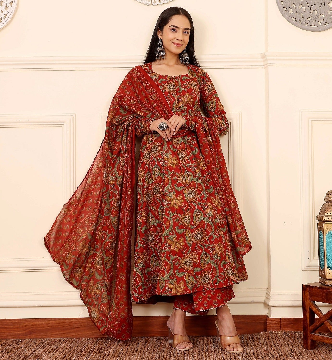 Red Floral Anarkali Kurta Set with Dupatta and Pants | Ethnic Festive Wear for Women - Prisachi Official