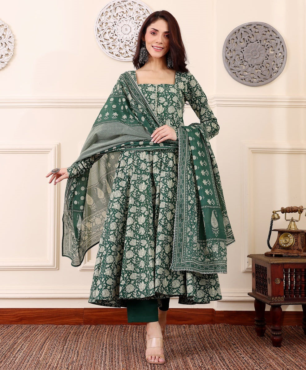 Green Floral Anarkali Kurta Set with Dupatta and Pants | Ethnic Wear for Women - Prisachi Official