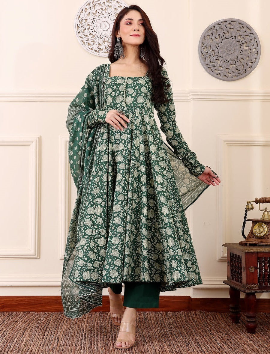 Green Floral Anarkali Kurta Set with Dupatta and Pants | Ethnic Wear for Women - Prisachi Official