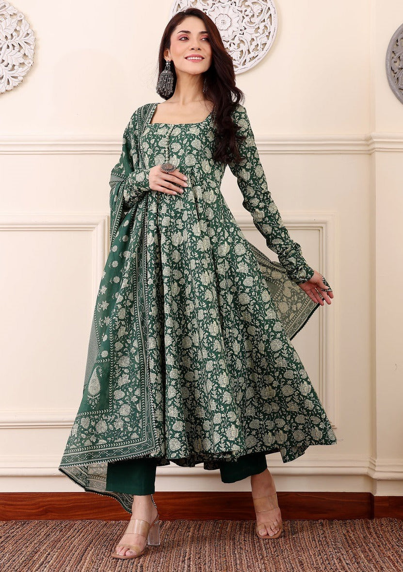 Green Floral Anarkali Kurta Set with Dupatta and Pants | Ethnic Wear for Women - Prisachi Official